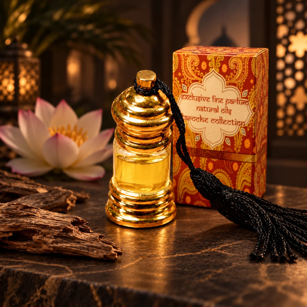 Ambergris D’Orient 3ml perfume oil, gold-capped bottle and original presentation box in a dark Oriental setting with lotus.