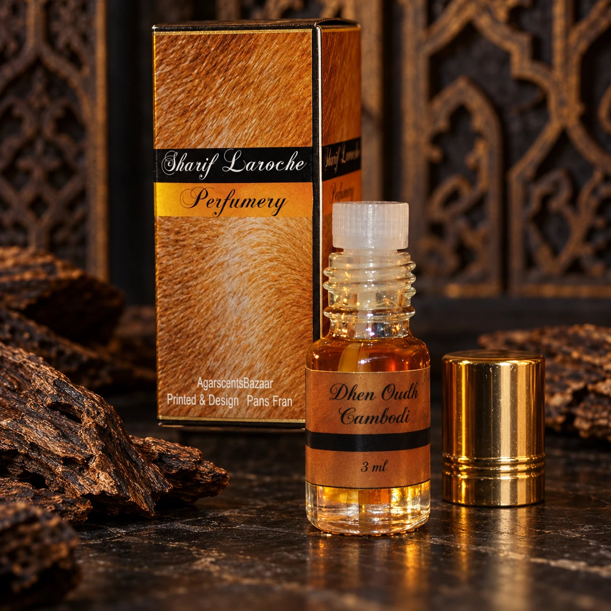 Dhen Oudh Cambodi perfume oil 3 ml with original bottle, gold cap and box
