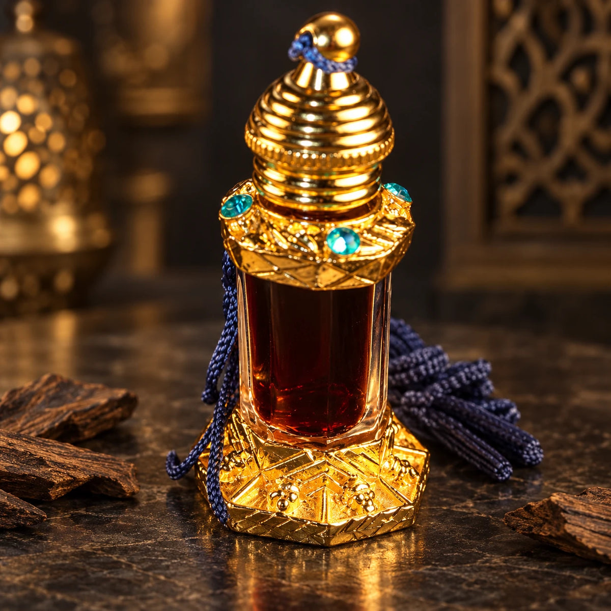 Mukhallat Shuyukh – Oud, Amber & Musk Perfume Oil 3ml perfume oil in a dark oriental setting