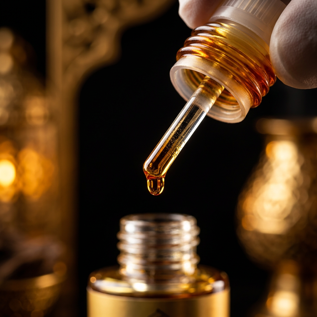 A close-up of a hand holding an open amber glass dropper bottle above another bottle, with a single golden liquid drop hanging between the dropper tip and the lower bottle against a dark, ornate background.