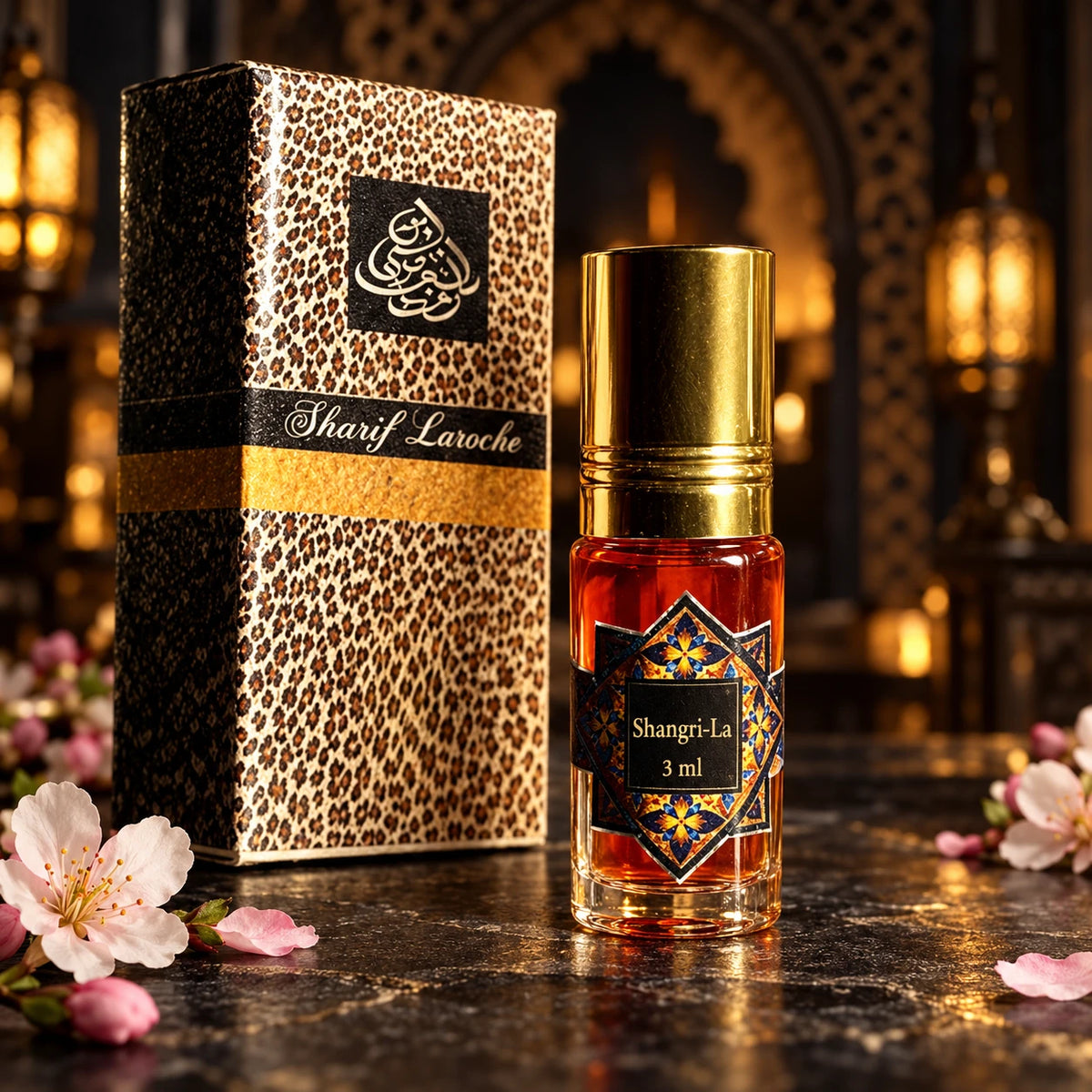 Shangri-La perfume oil 3 ml with original bottle and box in an oriental floral setting