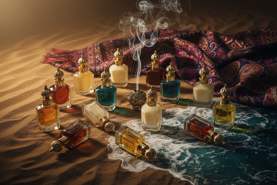 Bottle of Sharif LaRoche Ambergris Musk Kashmir Mukhallat surrounded by natural musk and sea salt."