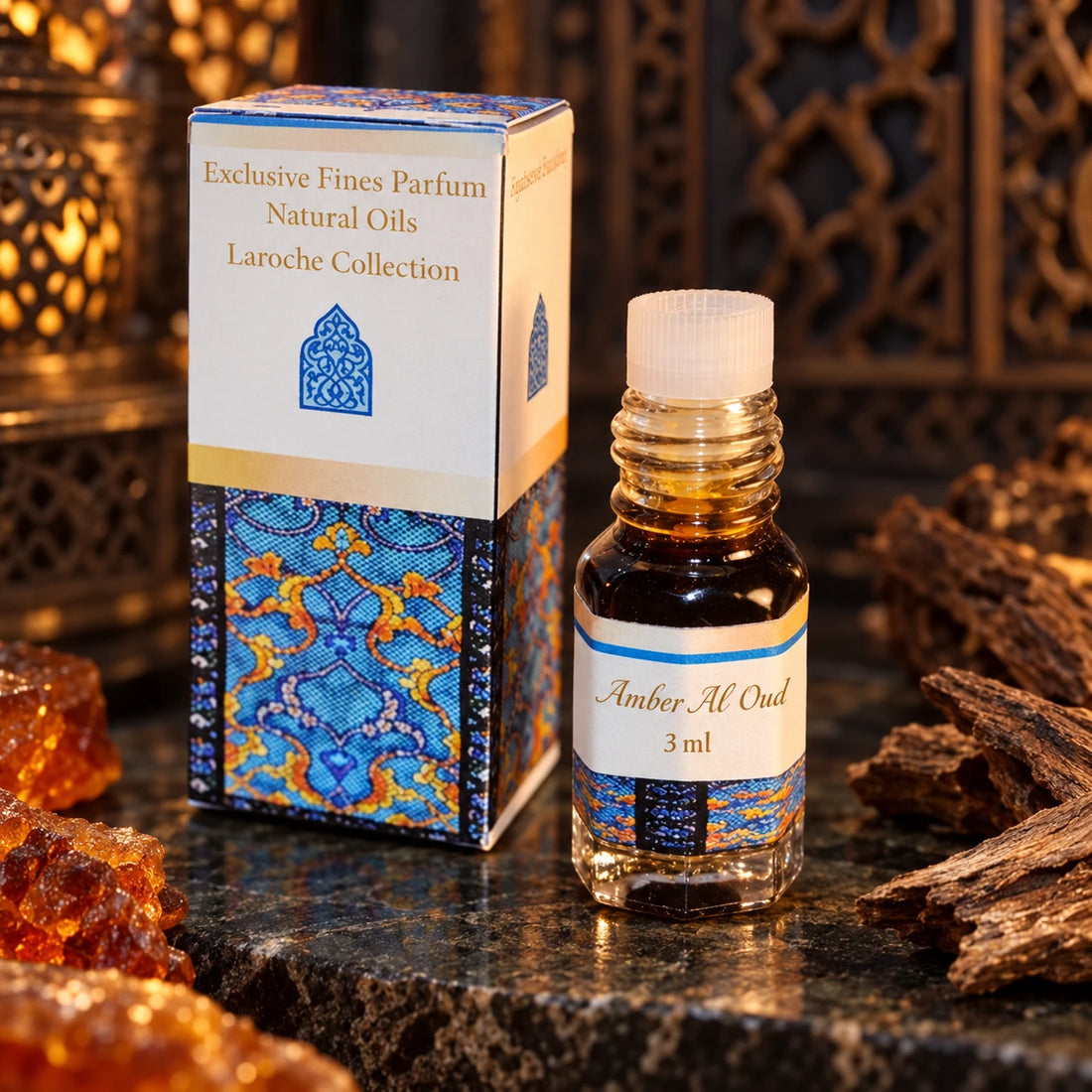 Amber Al Oud perfume oil 3 ml with original bottle and blue patterned box