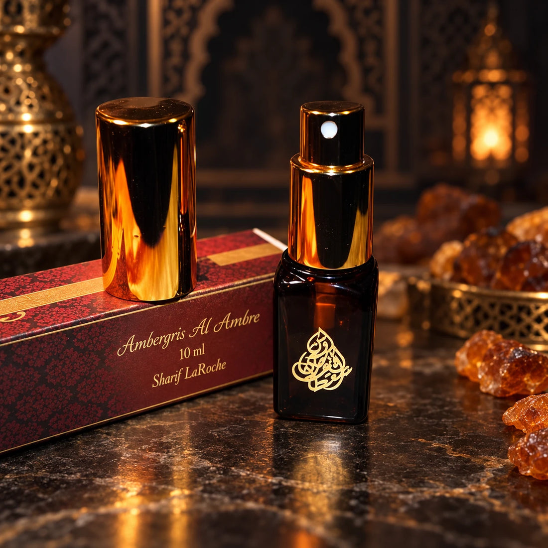 Ambergris Al Ambre – Amber & Ambergris Perfume Spray 10ml bottle and original box in a dark oriental setting