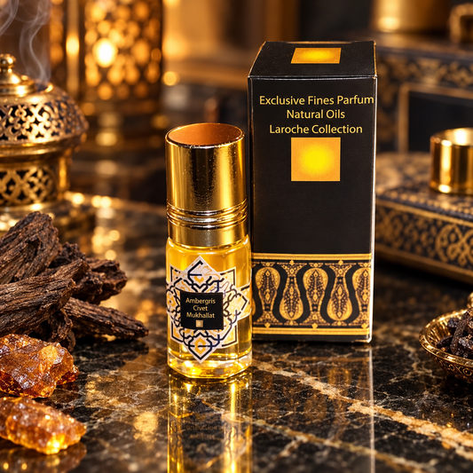 Ambergris Civet Mukhallat 3ml perfume oil bottle with gold cap and black box