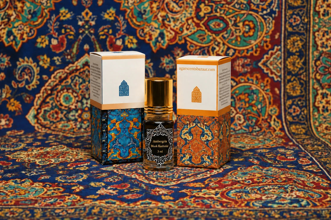 Ambergris Musk Kashmir 3ml on original Persian carpet with agarscentsbazaar.com on box