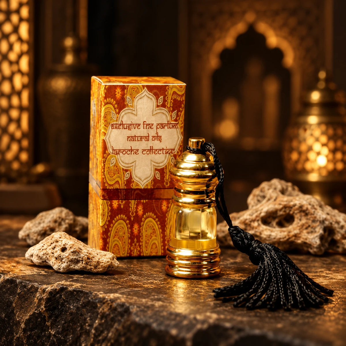 Ambergris White Gold 3ml perfume oil bottle with its original box in a dark oriental setting