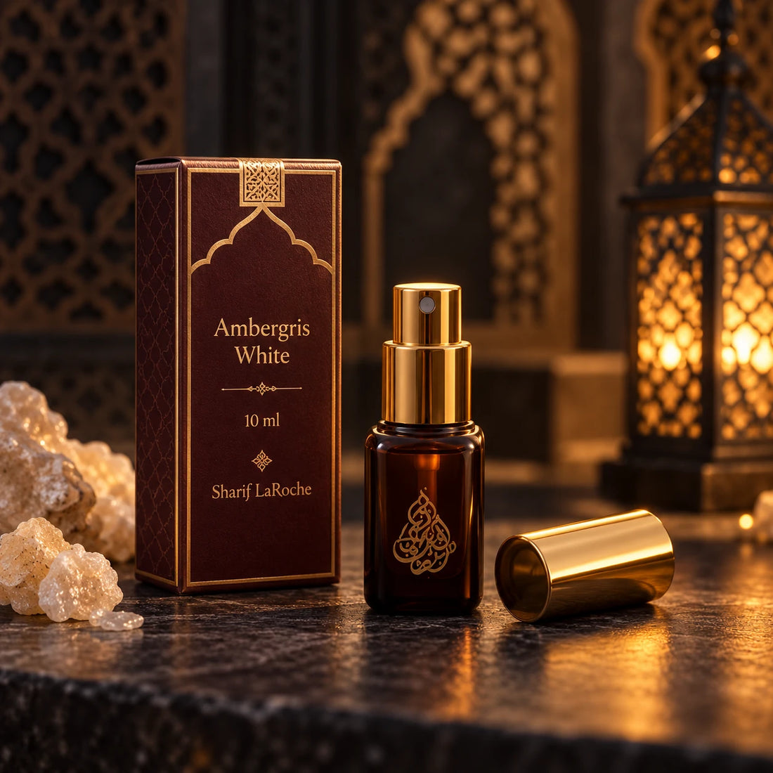 Ambergris White perfume spray 10 ml with original bottle, gold cap and burgundy box