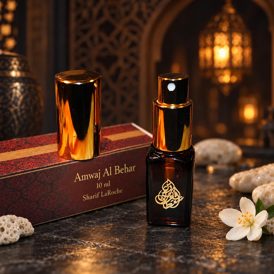 Amwaj Al Behar – Ambergris & Floral Perfume Spray 10ml bottle and original box in a dark oriental setting