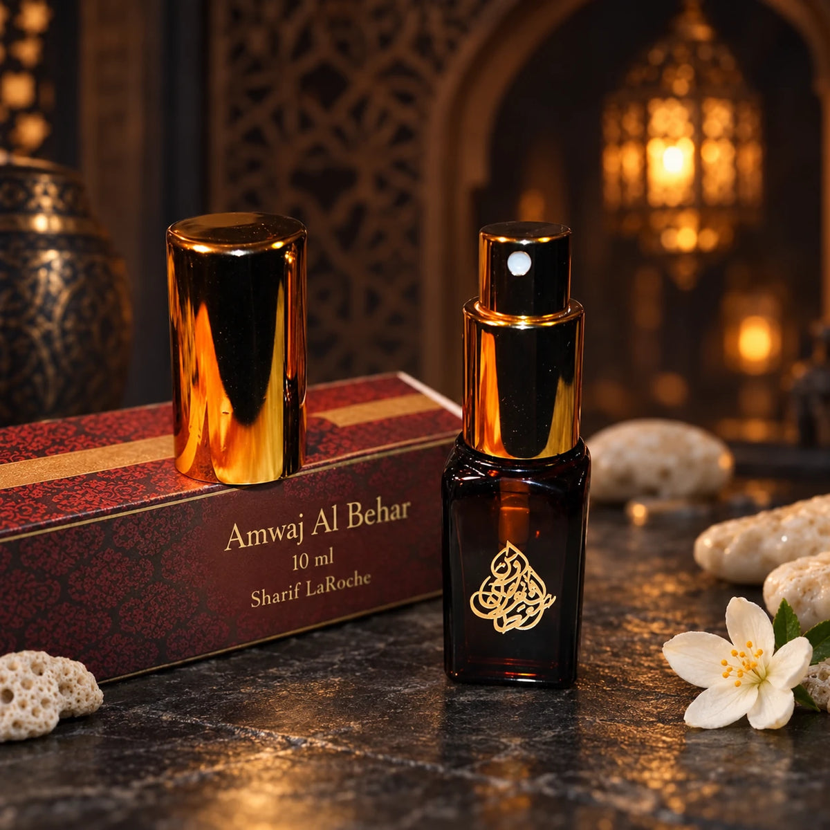 Amwaj Al Behar – Ambergris & Floral Perfume Spray 10ml bottle and original box in a dark oriental setting