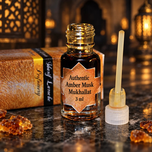 Authentic Amber Musk Mukhallat – Amber & Musk Perfume Oil 3ml bottle and original box in a dark oriental setting