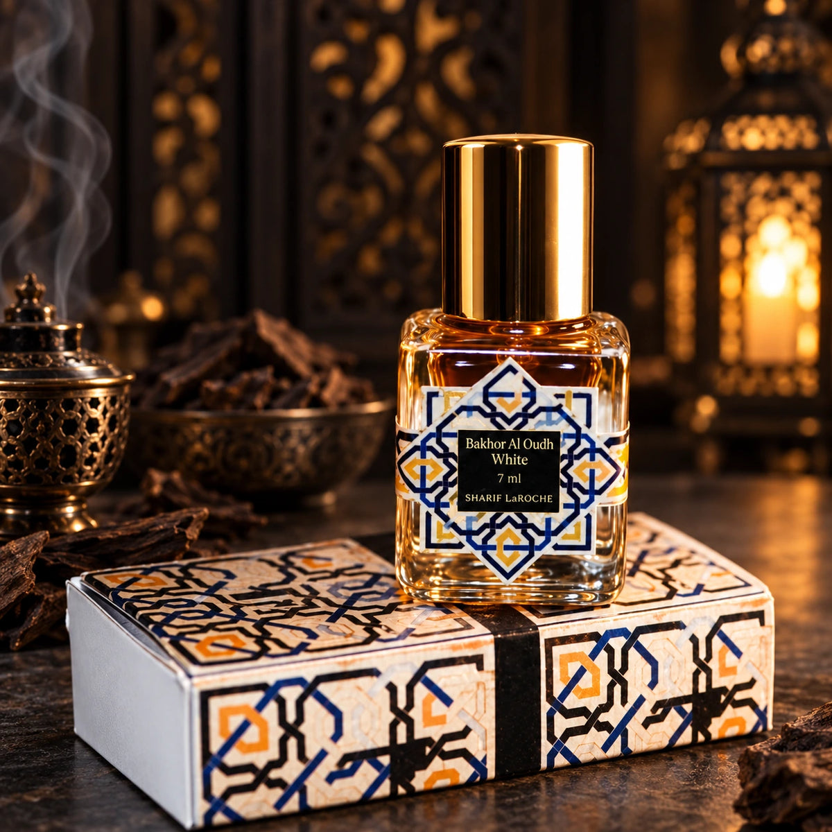 Bakhor Al Oudh White perfume spray 7 ml with original bottle and box in an oriental oud setting