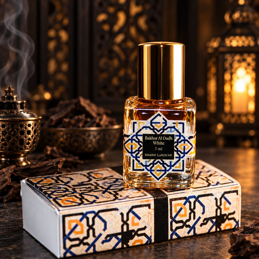 Bakhor Al Oudh White perfume spray 7 ml with original bottle and box in an oriental oud setting