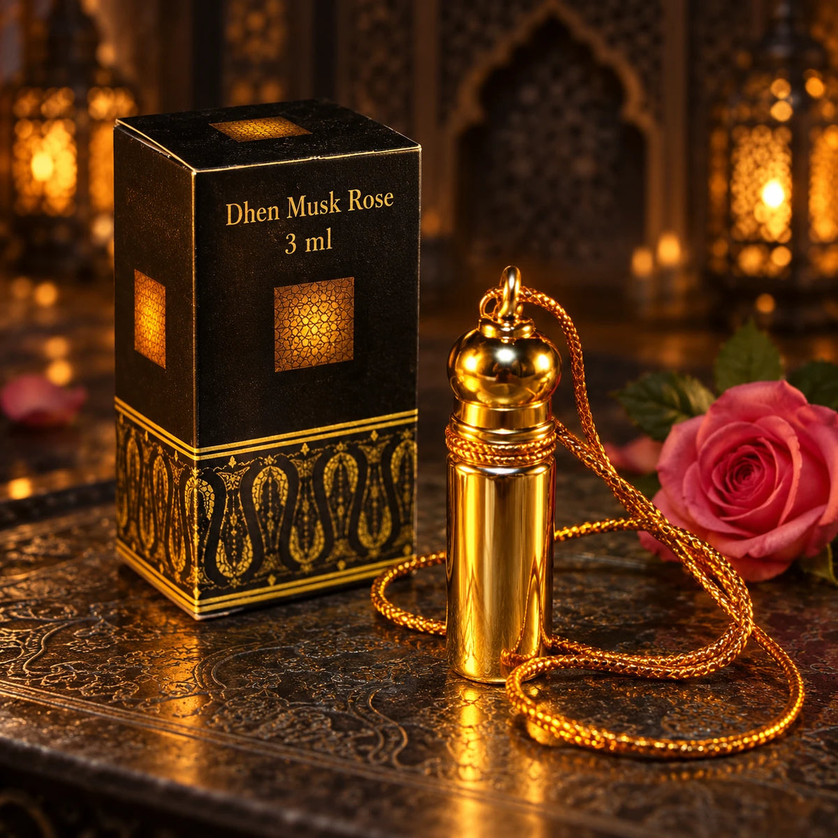 Dhen Musk Rose 3ml gold perfume pendant and original box