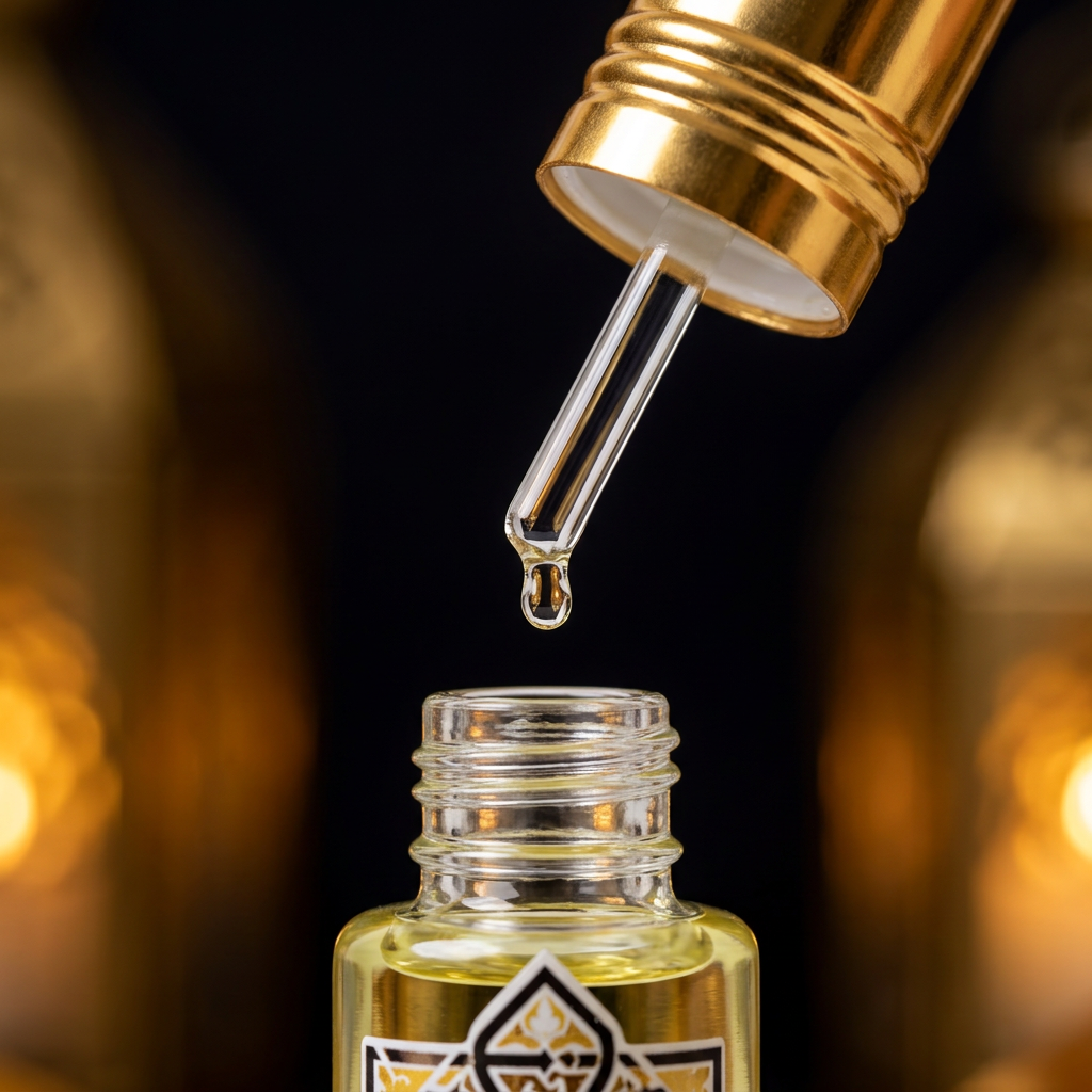 A close-up of a gold dropper dispensing a clear liquid into a small glass bottle with pale yellow oil inside, set against a dark background with warm golden bokeh.
