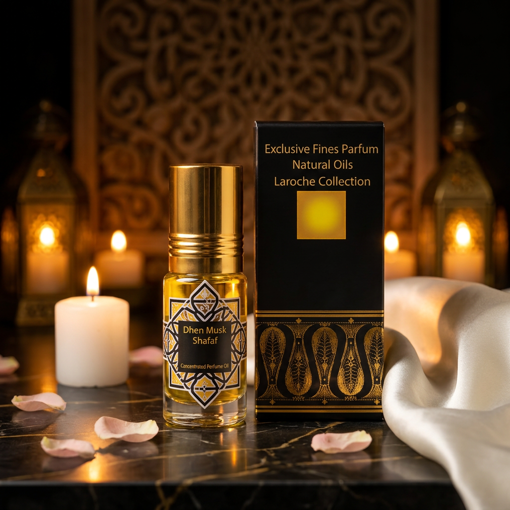 A bottle of Osmanthus Madi Shafai natural perfume oil with a gold cap stands next to its black and gold packaging box on a dark marble surface, surrounded by lit candles, rose petals, and a white silk cloth.