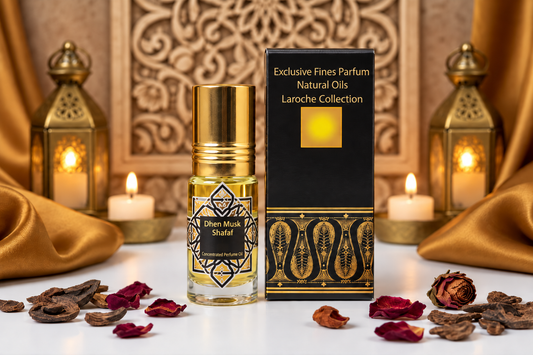 Dhen Musk Shafaf 3ml white musk perfume oil bottle with gold cap and black-and-gold box