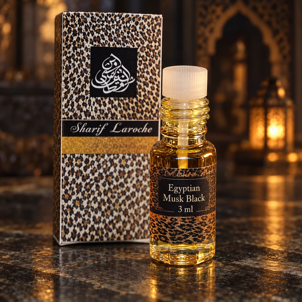 Egyptian Musk Black – Black Musk Perfume Oil 3ml perfume oil in a dark oriental setting