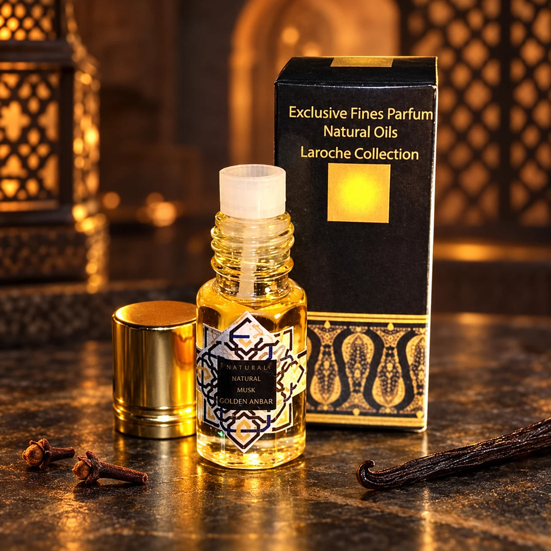 Egyptian Musk Golden Anbar 3ml perfume oil, glass bottle with gold cap and black-and-gold presentation box in a dark Oriental setting.