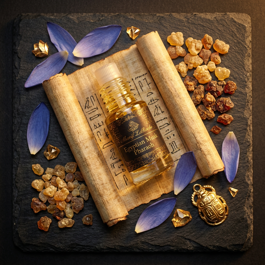 A bottle of Manali Lalita Egyptian Mummy Prasham oil roll-on is displayed on an unrolled ancient papyrus scroll, surrounded by purple flower petals, raw amber pieces, and gold beetle charms on a dark slate background.
