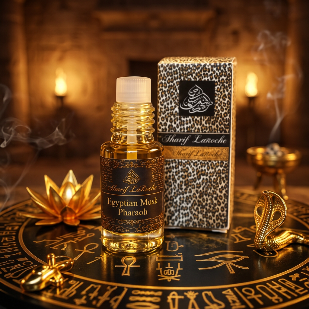 A bottle of Sharjf Latroche Egyptian Musk Pharaoh fragrance oil with its matching leopard-print box, displayed on a black ritual board with gold symbols. The scene is styled with a golden lotus flower, a snake figurine, and burning incense in a warm, atmospheric background.