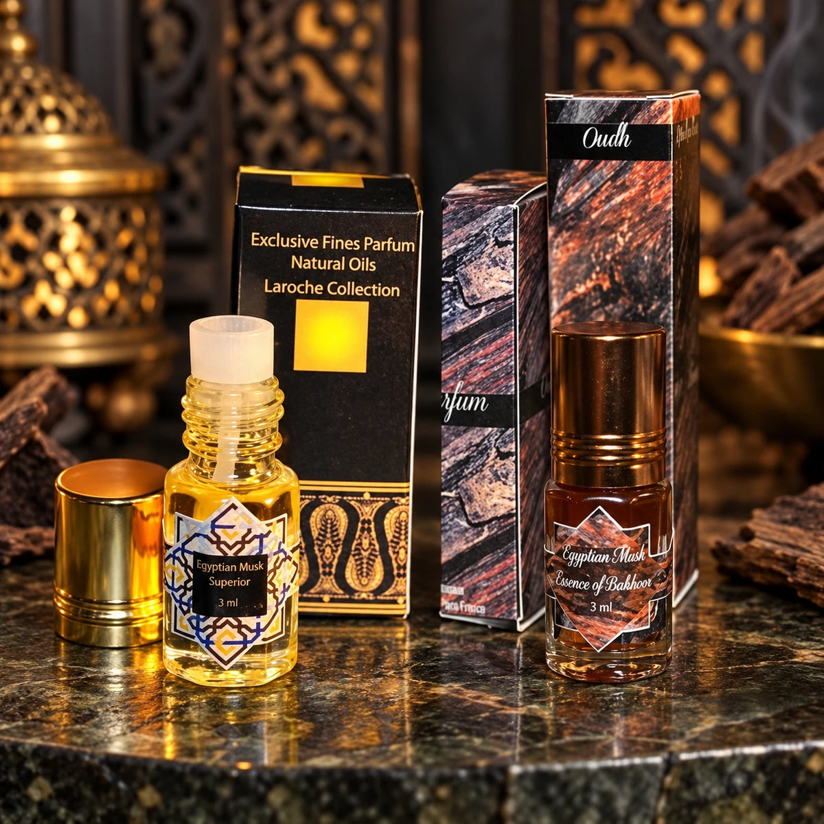 Egyptian Musk Superior and Essence of Bakhoor set, two 3 ml bottles with original boxes