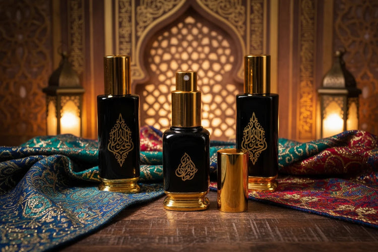 Agarscents Bazaar natural perfume spray bottles 10ml in a black-and-gold setting