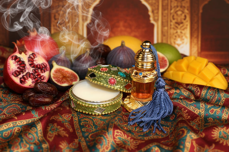 Luxury attar perfume bottle with pomegranate, fig and mango