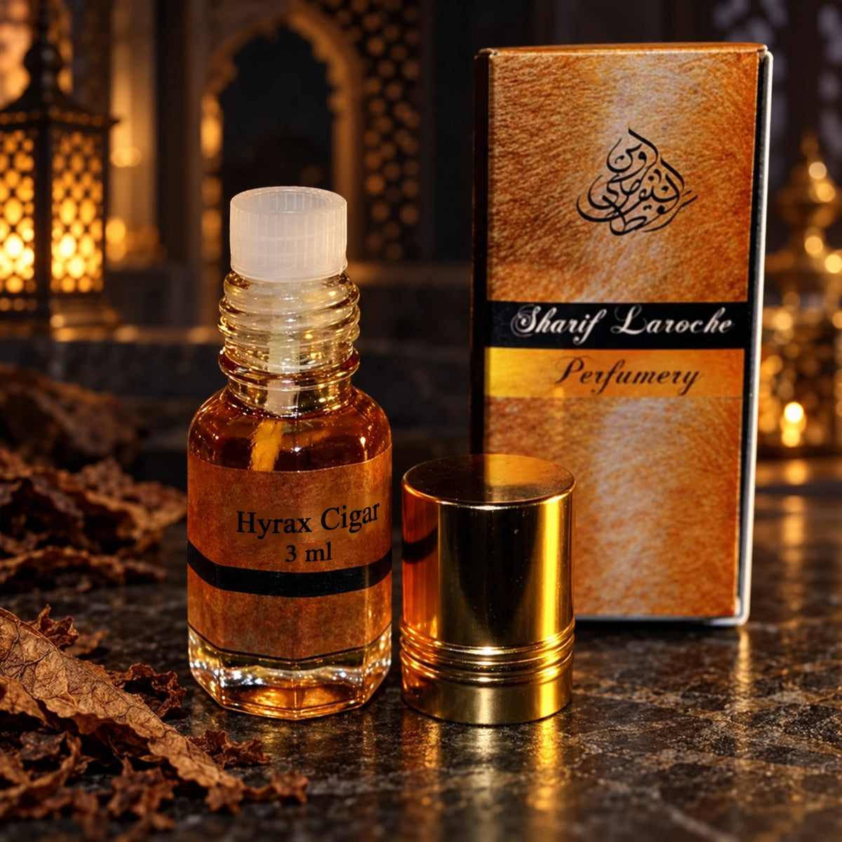 Hyrax Cigar – Hyraceum, Tobacco & Agarwood Perfume Oil 3ml bottle and original box in a dark oriental setting
