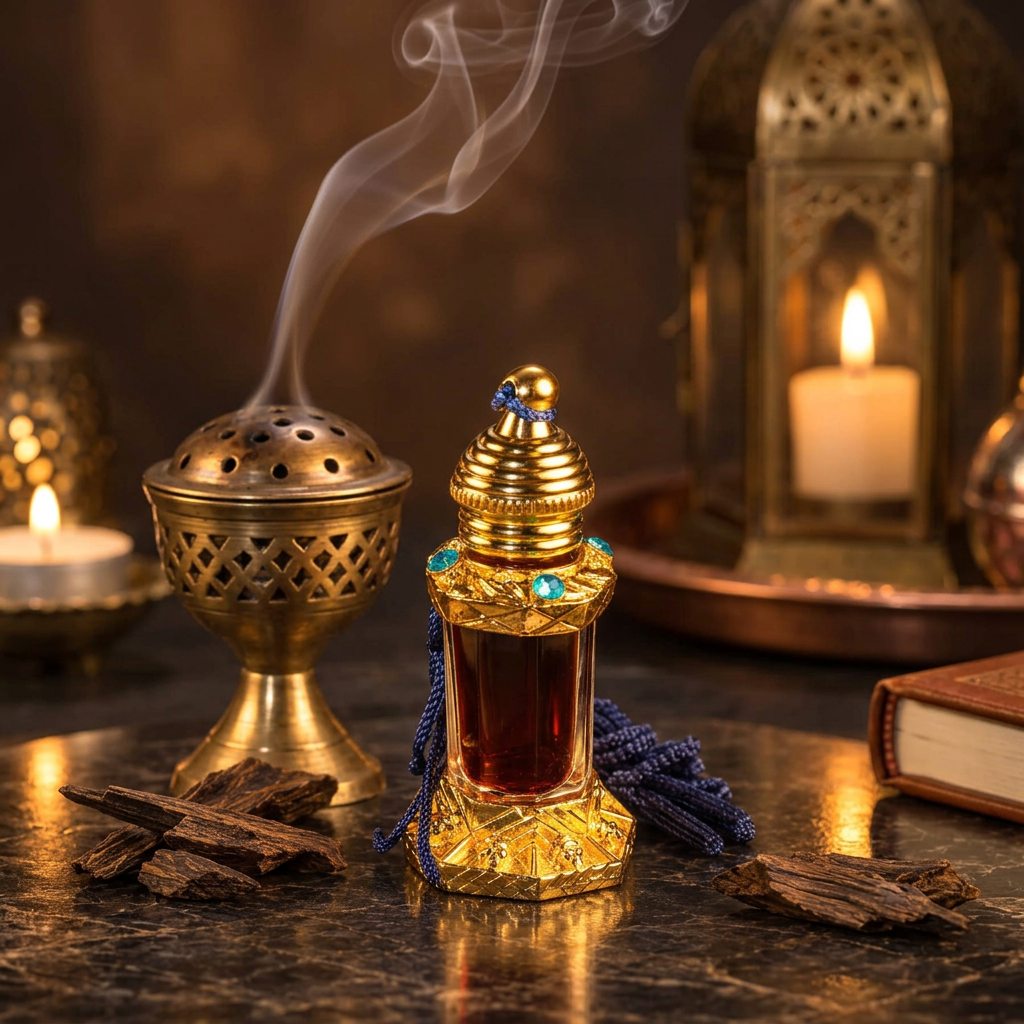 Mukhallat Shuyukh 3ml perfume oil bottle beside a brass bakhoor incense burner with a wisp of smoke and oud wood chips