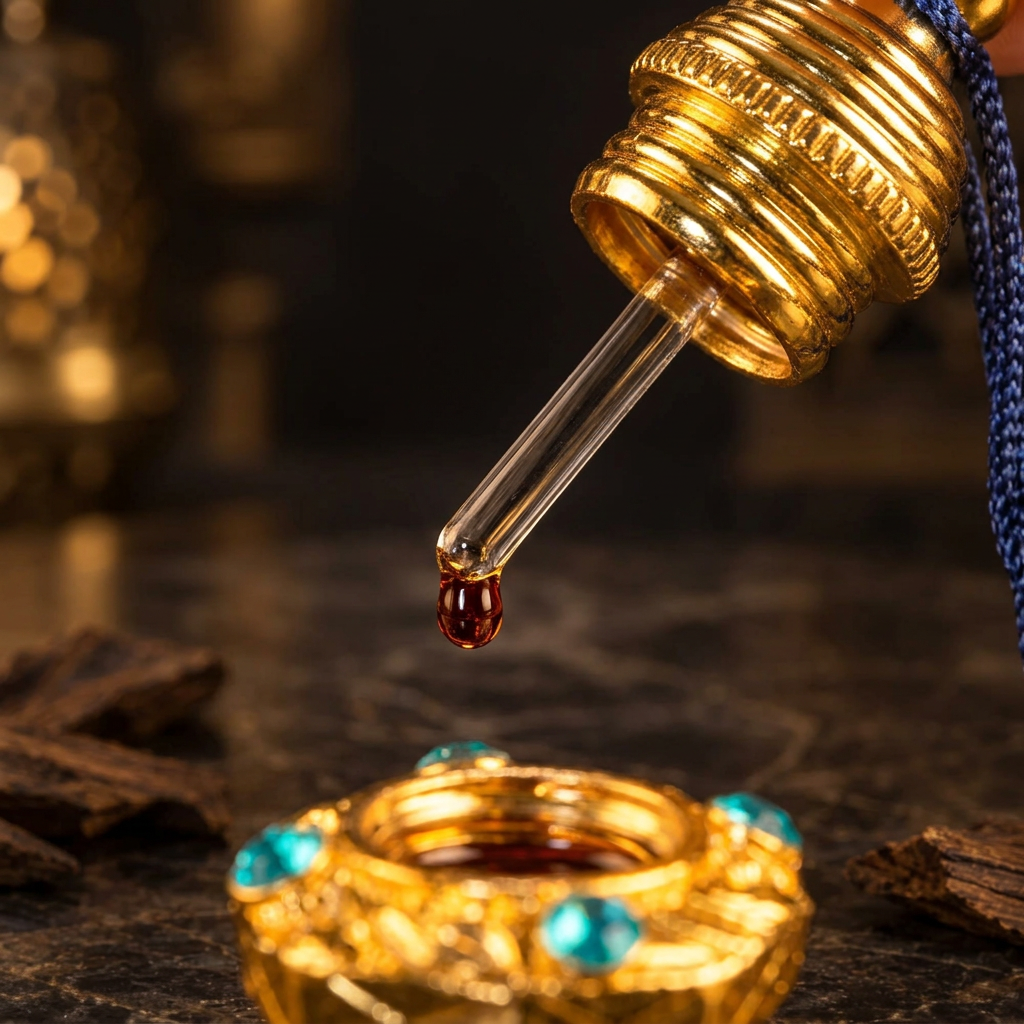Close-up of the Mukhallat Shuyukh gold dipper applicator lifting out with a drop of amber perfume oil