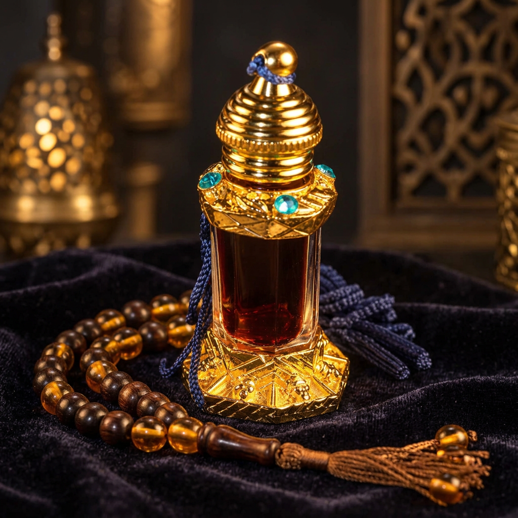 Mukhallat Shuyukh 3ml perfume oil bottle on dark velvet with amber and wooden misbaha prayer beads