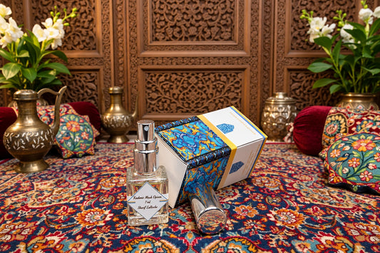 Kashmir Musk Opium perfume spray 7 ml with original silver atomizer and box on a Persian carpet