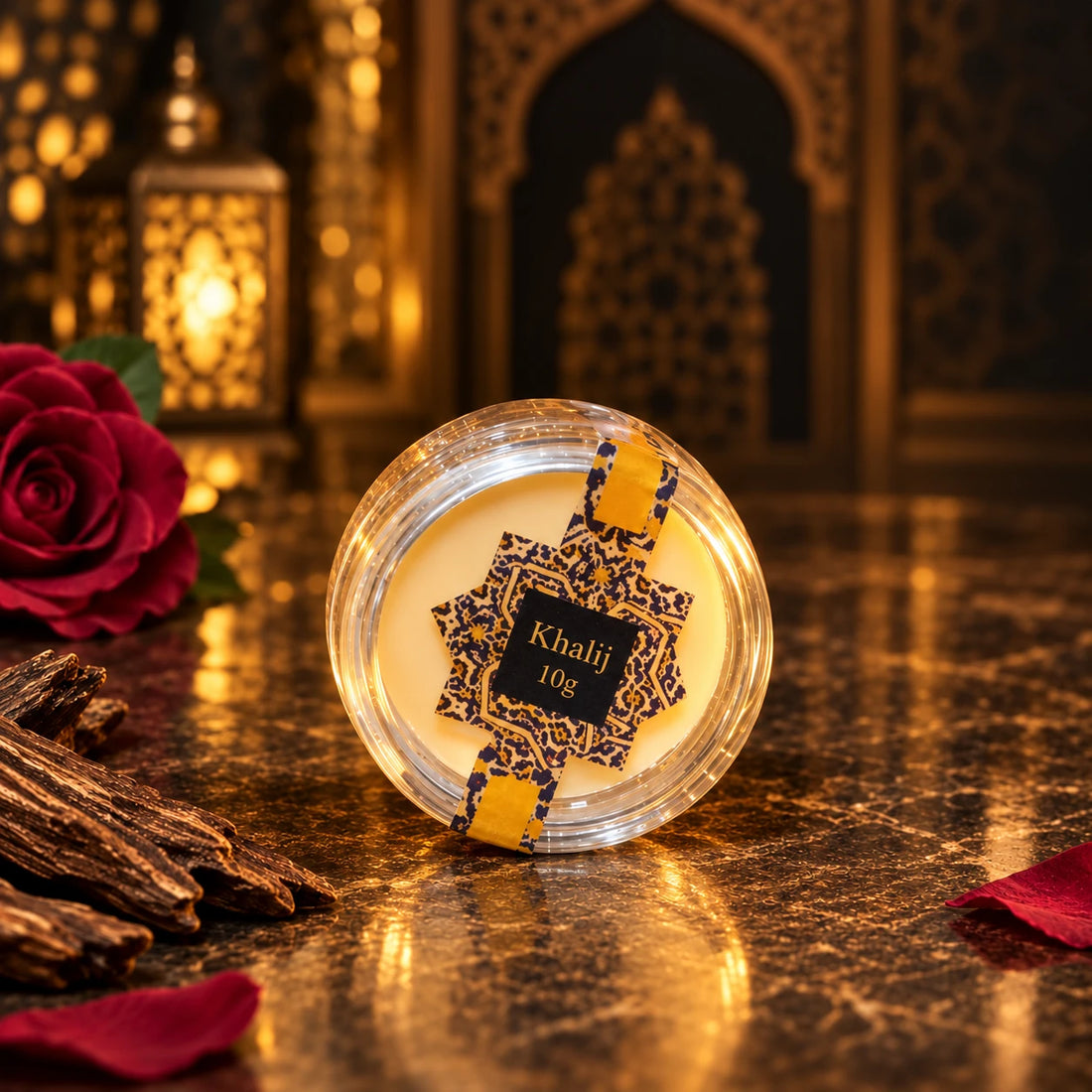 Khalij 10g solid cream perfume in a round transparent pot, with rose and agarwood in a dark Oriental setting.