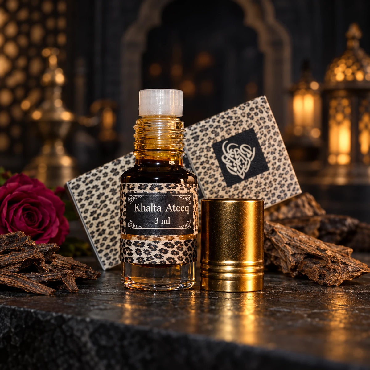 Khalta Ateeq 3ml perfume oil with its original box, rose and oud decor