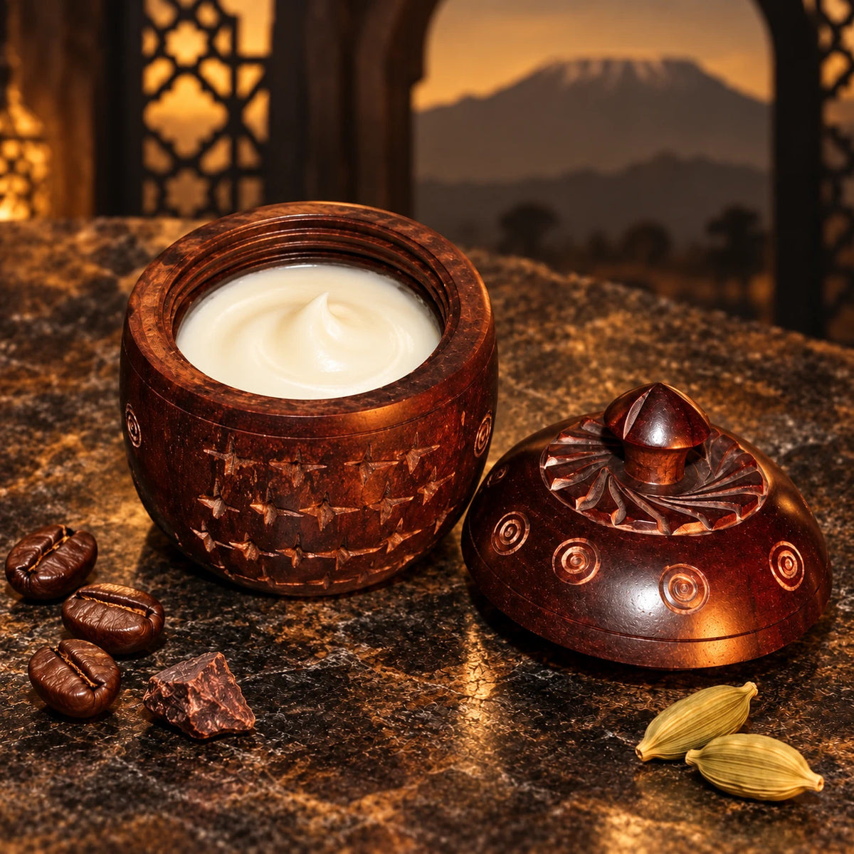 Kilimanjaro 20g solid cream perfume, overhead view of the open carved wooden jar and its lid beside it.