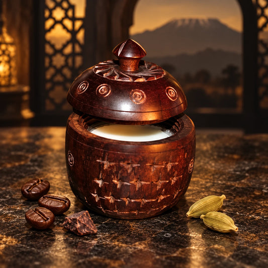 Kilimanjaro 20g solid cream perfume in a carved wooden jar with lid slightly open, coffee, cacao and cardamom in a dark setting.
