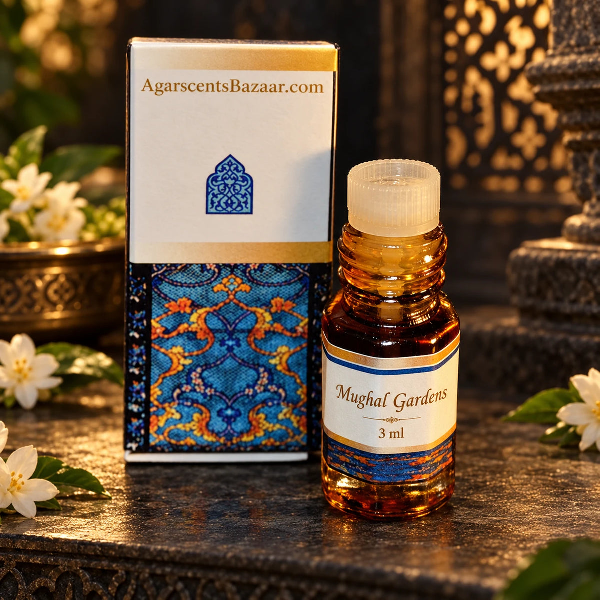 Mughal Gardens perfume oil 3 ml with original bottle and blue patterned box