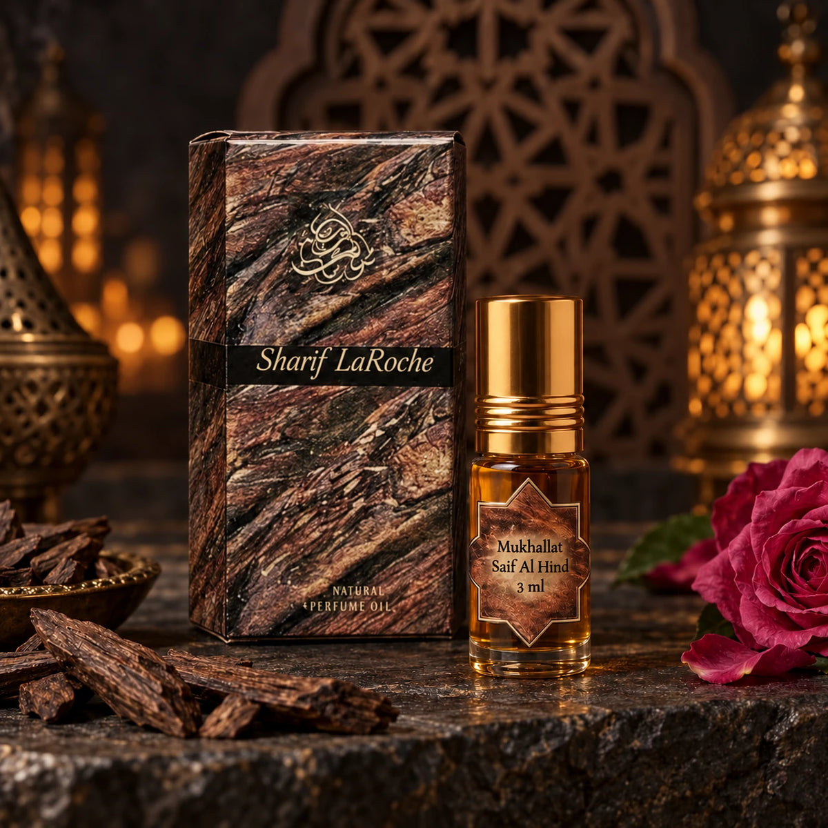 Mukhallat Saif Al Hind 3ml perfume bottle and box marked Sharif LaRoche