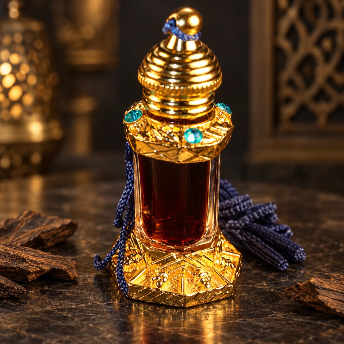 Mukhallat Shuyukh – Oud, Amber & Musk Perfume Oil 3ml perfume oil in a dark oriental setting