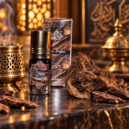 Oud Taiba 3ml oud, Arabian rose and bakhoor perfume oil bottle with matching box
