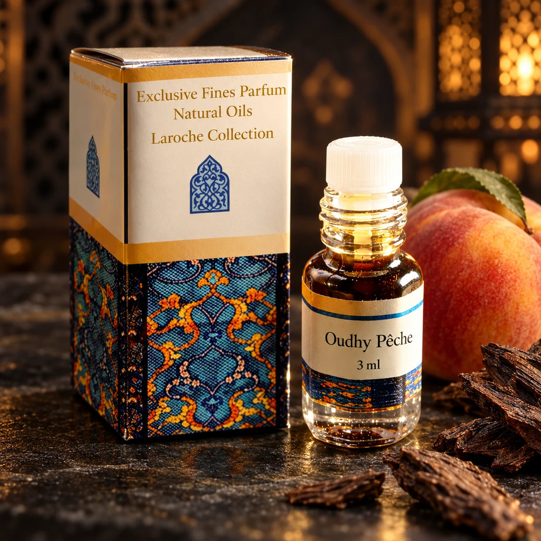 Oudhy Pêche – Peach & Hindi Oud Perfume Oil 3ml labelled bottle and original box in a dark oriental setting