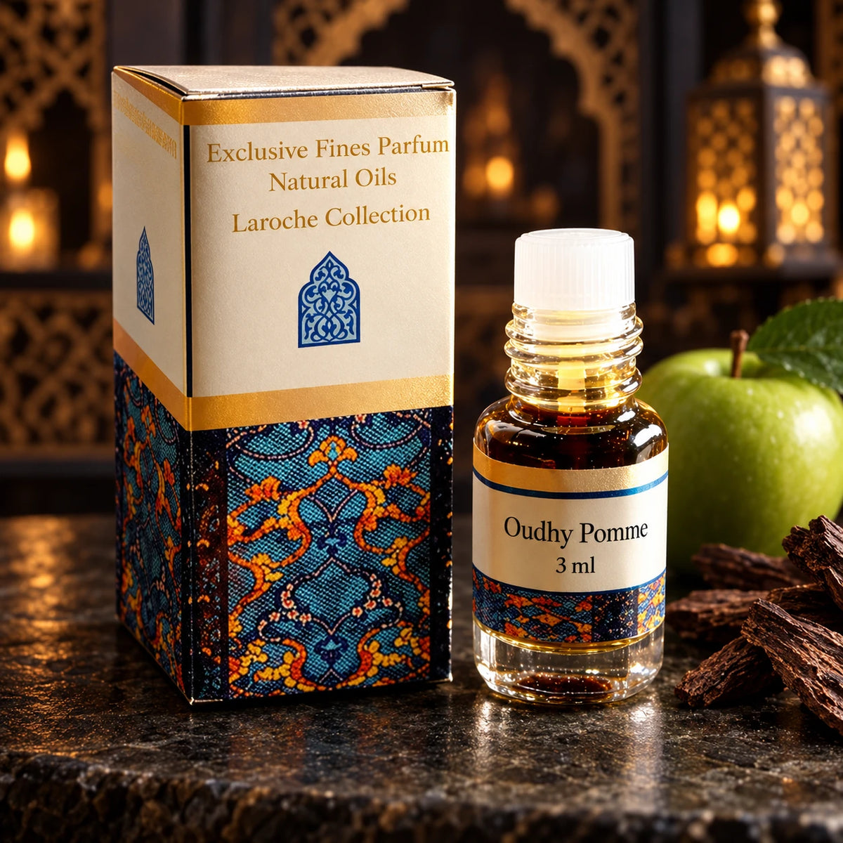 Oudhy Pomme – Apple & Oud Perfume Oil 3ml bottle and original box in a dark oriental setting