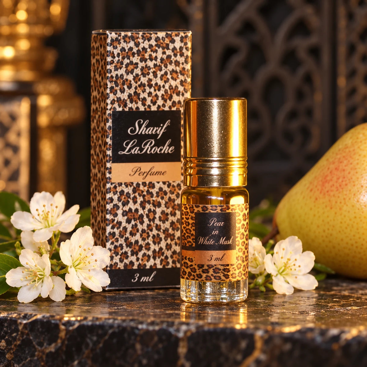 Pear in White Musk perfume oil 3 ml with original bottle and leopard-pattern box
