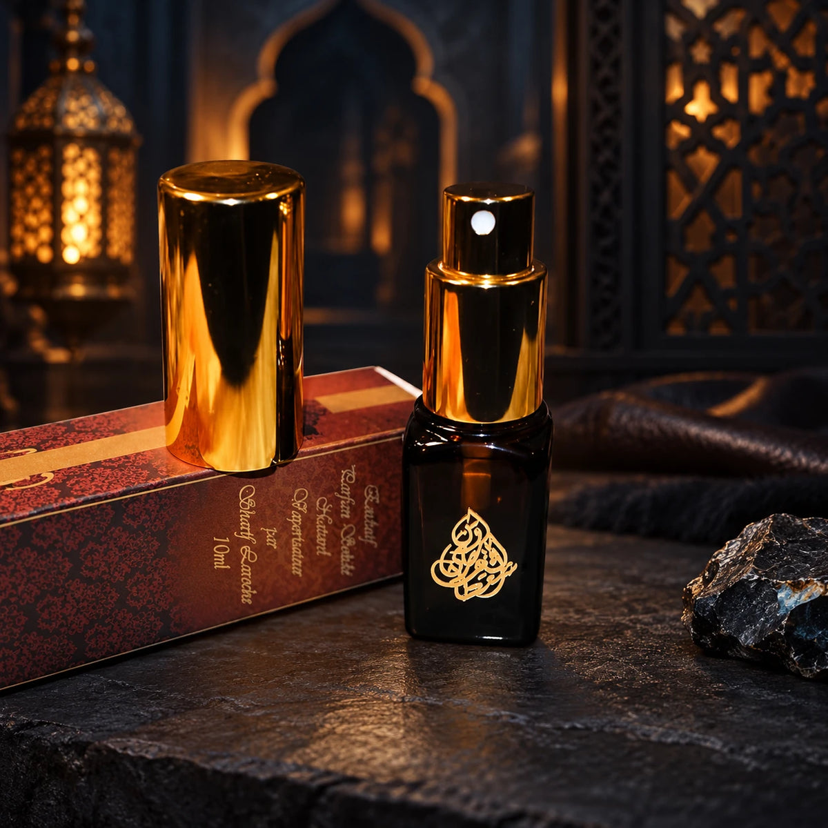 Pheromone-4 10ml musk perfume spray, black bottle with gold atomizer and cap, original presentation box in a dark Oriental setting.
