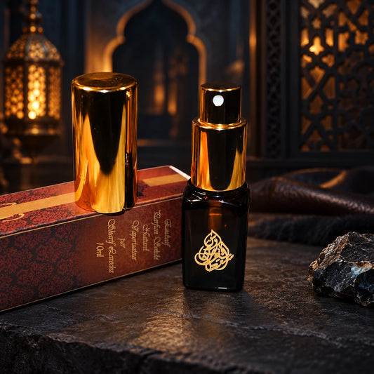 Pheromone-4 10ml musk perfume spray, black bottle with gold atomizer and cap, original presentation box in a dark Oriental setting.