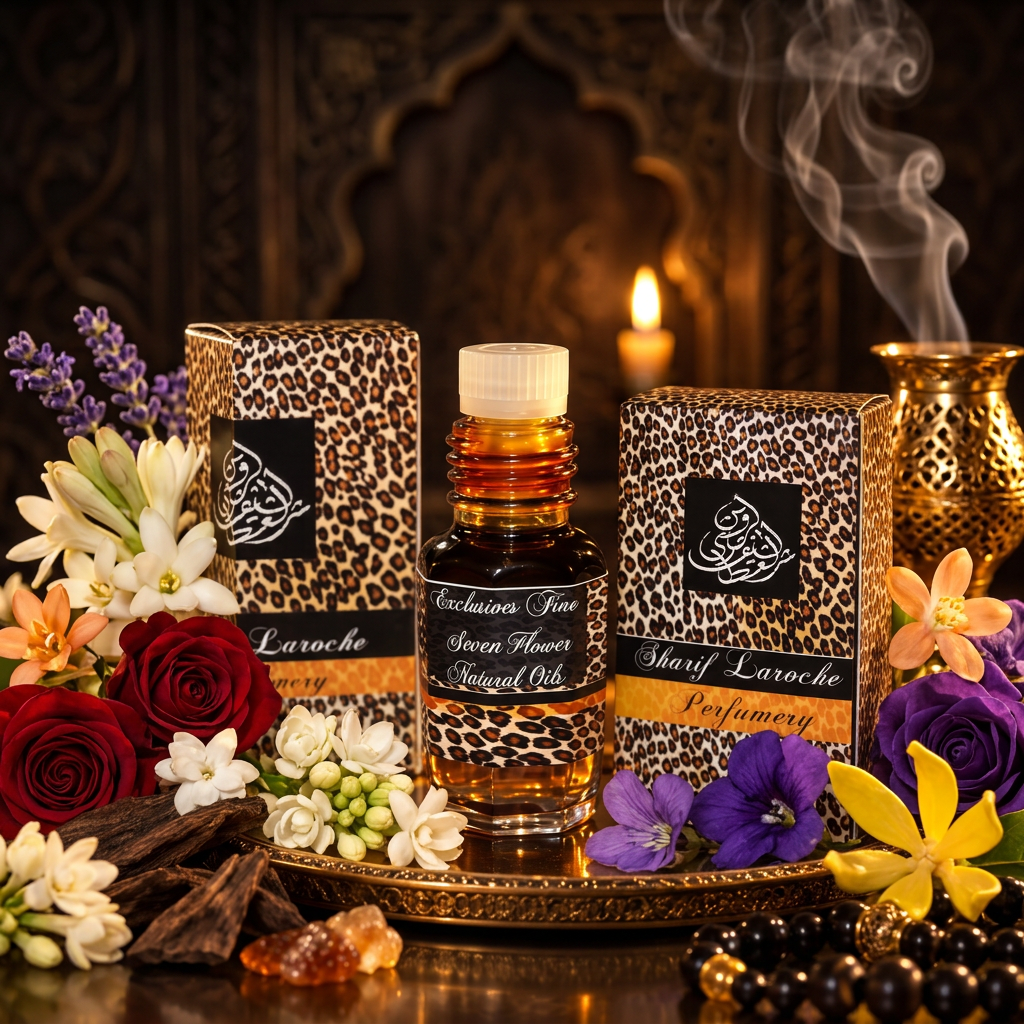 A bottle of Laroche Seven Flower Natural Oil with two matching leopard-print boxes, styled on a gold tray with flowers, incense, and a brass diffuser in a dark, ornate setting.