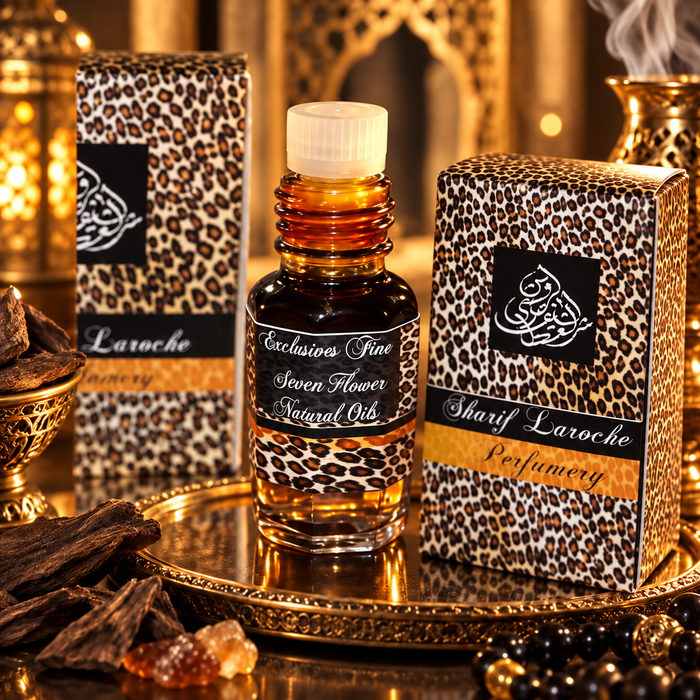 Seven Flowers in Black Musk 3ml floral musk perfume oil bottle with leopard-print packaging