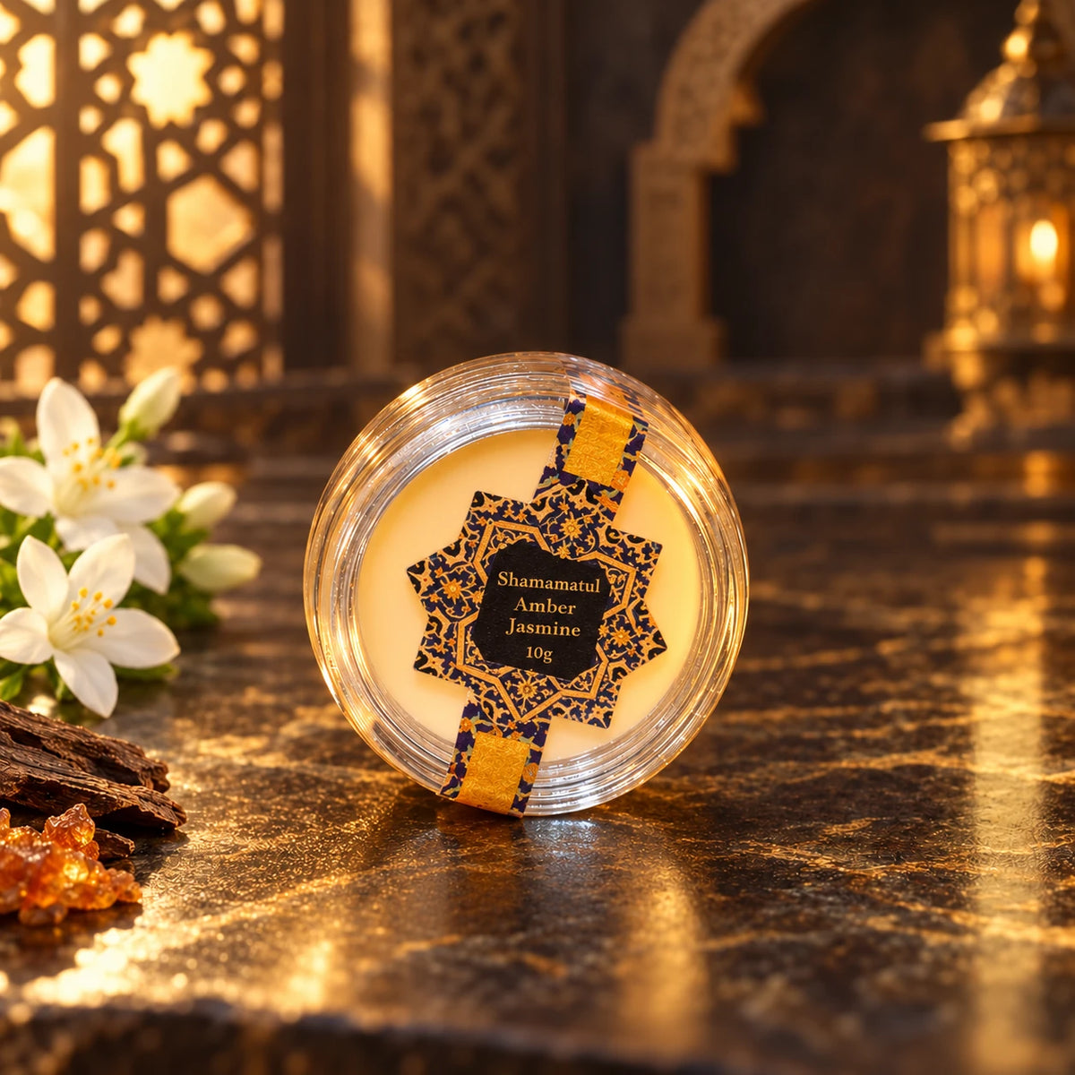 Shamamatul Amber Jasmine 10g solid cream perfume in a labelled round transparent pot with jasmine flowers in a dark Oriental setting.
