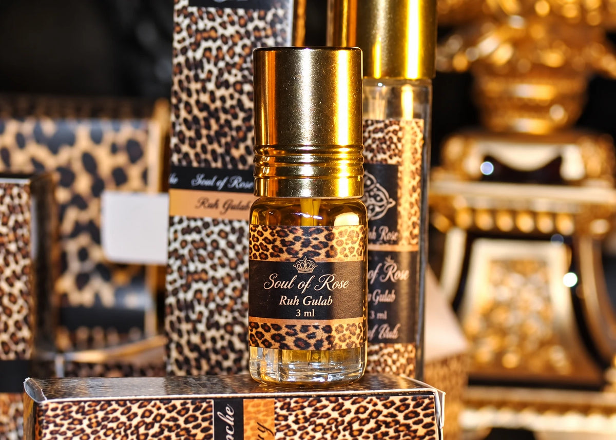 Soul of Rose Ruh Gulab perfume oil 3 ml, restored original photograph with original bottle and leopard packaging